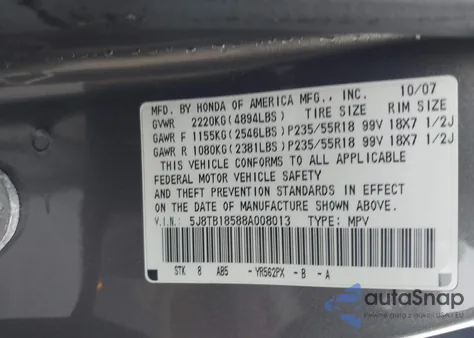 2008 Acura Rdx z USA, uszkodzony, nr VIN 5J8TB18588A008013